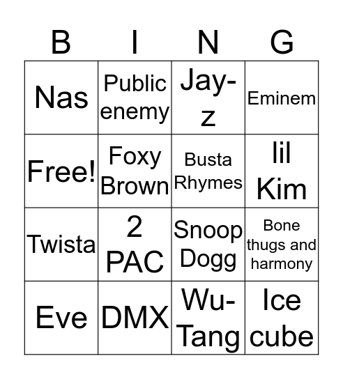 90's RAP Bingo Card