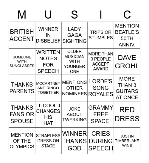 GRAMMY BINGO Card