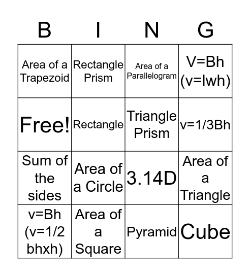 Geometric Formulas  Bingo Card