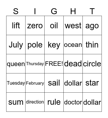 Sight Word BINGO Card