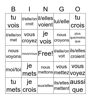 French 8 Test Review Bingo Card
