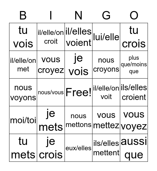 French 8 Test Review Bingo Card