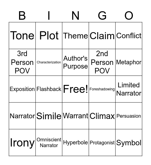 Literary Terms Bingo Card