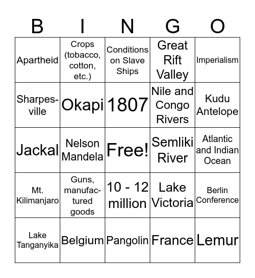 Africa Test Review Bingo Card
