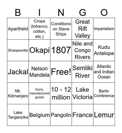 Africa Test Review Bingo Card