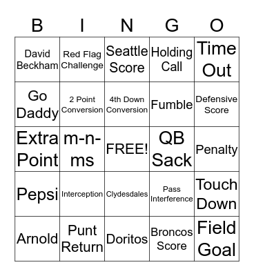 Super Bowl Bingo Card