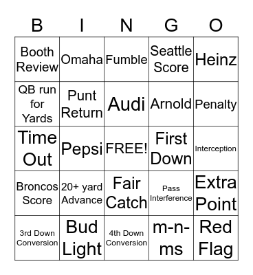 Super Bowl Bingo Card