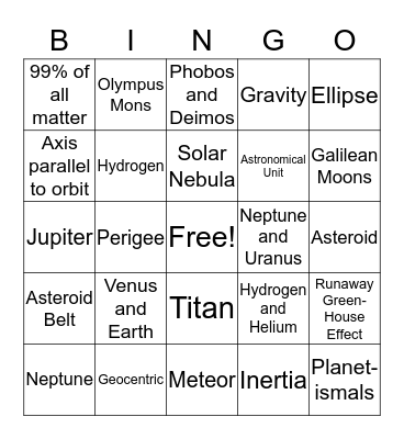 Astronomy Review  Bingo Card