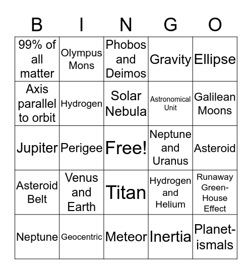 Astronomy Review  Bingo Card