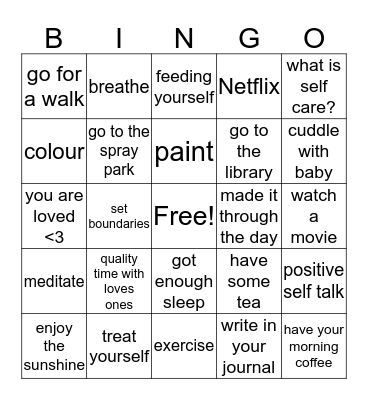 self-care Bingo Card