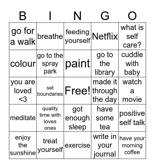 self-care Bingo Card