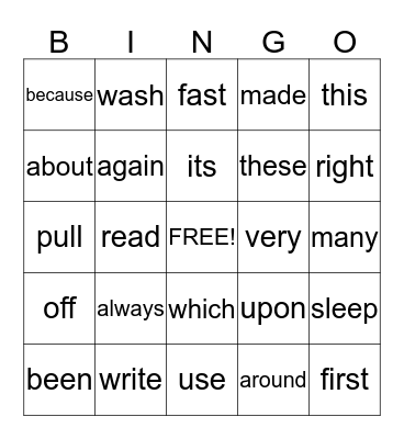 Sight Word Bingo  Bingo Card