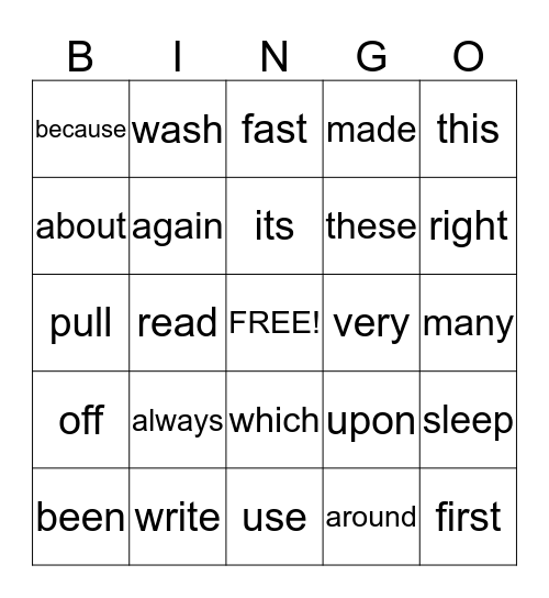 Sight Word Bingo  Bingo Card