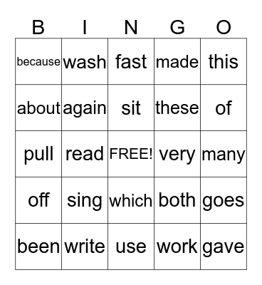 Sight Word Bingo  Bingo Card