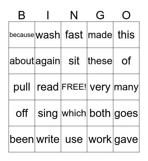 Sight Word Bingo  Bingo Card
