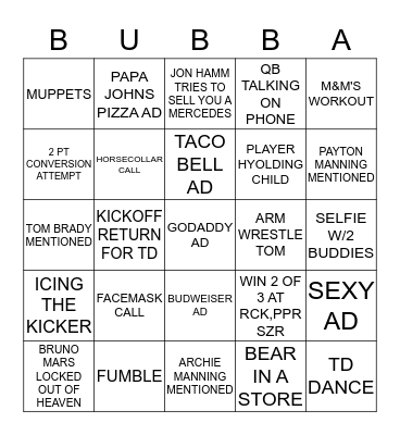 BUBBA'S SUPERBOWL BINGO BONANZA!!!!! Bingo Card