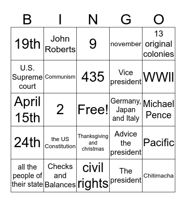 Civic test prep Bingo Card