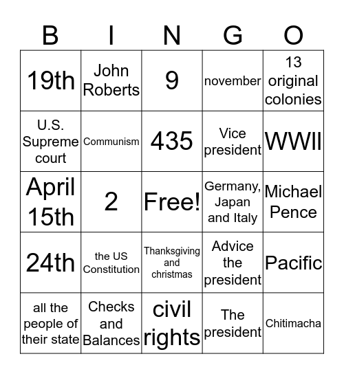 Civic test prep Bingo Card