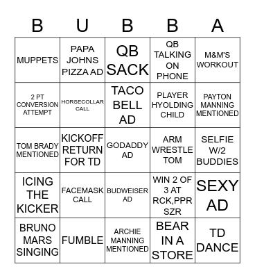 BUBBA'S SUPERBOWL BINGO BONANZA!!!!! Bingo Card