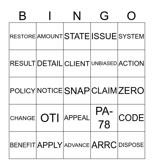 SNAP REFRESHER TRAINING Bingo Card