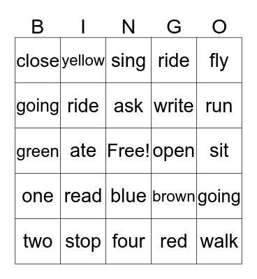 Ian's Verbs, Numbers, & Colors Bingo Card