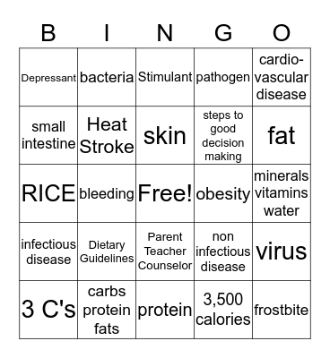6th grade Health Final Study Bingo! Bingo Card