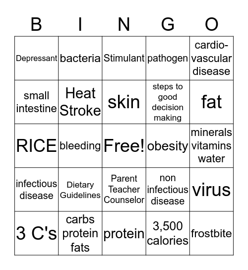 6th grade Health Final Study Bingo! Bingo Card