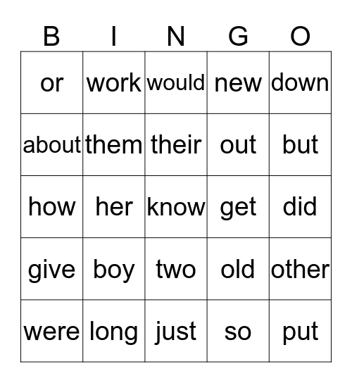 High Frequency Words (Sem 1_W) Bingo Card