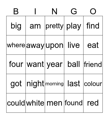 High Frequency Words (Sem 1 Set A_S) Bingo Card
