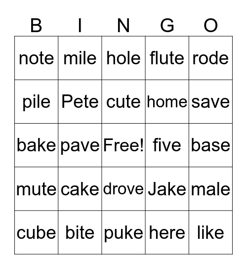 Magic E  Bingo Card