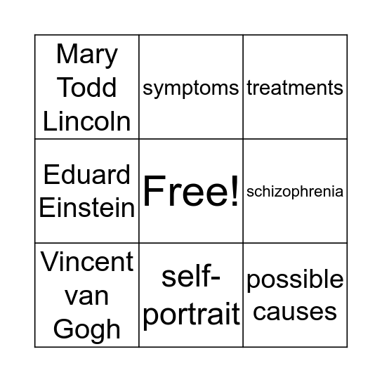 Schizophrenia Bingo Card