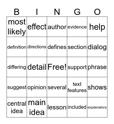 Test Vocabulary  Bingo Card