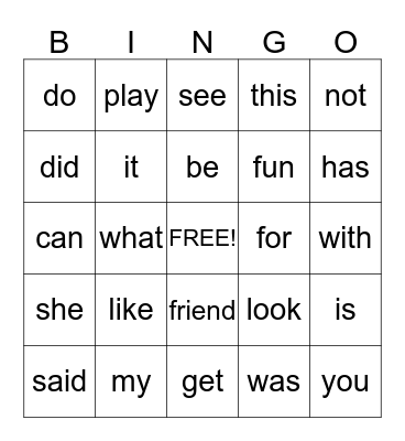 Word Wall Words Bingo Card