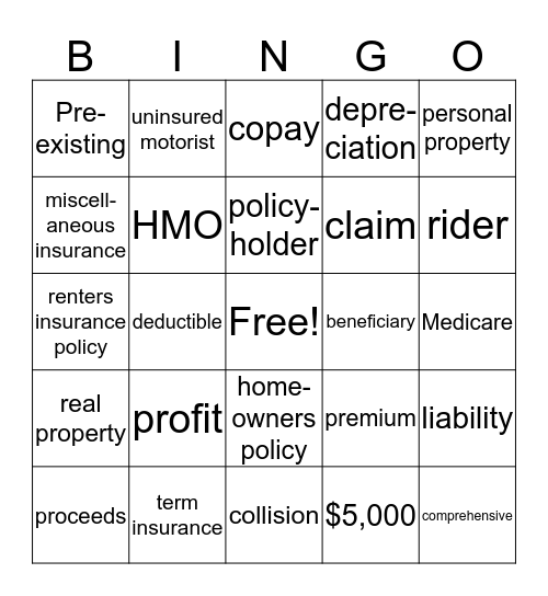 INSURANCE  Bingo Card