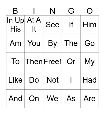 Sight Words Bingo Card