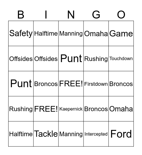 SUPER BOWL 2014 Bingo Card