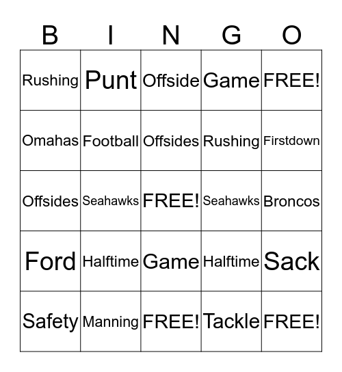 SUPER BOWL 2014 Bingo Card