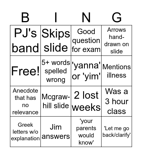 PJ Bingo Card
