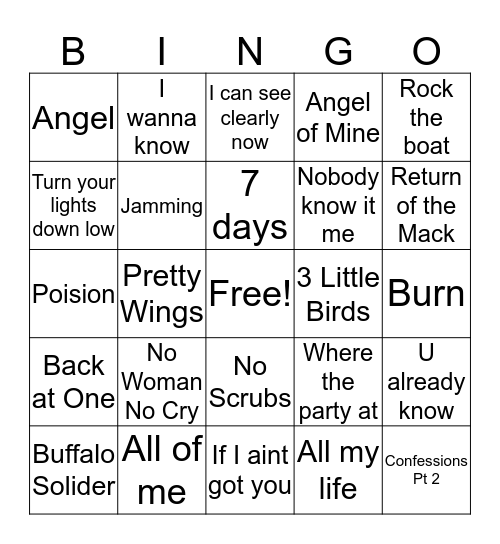 RnB/Reggae Bingo Card