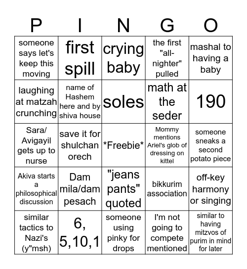 PINGO (Pesach Bingo) Bingo Card