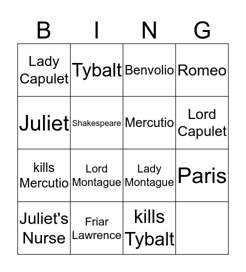 Romeo & Juliet Bingo Card