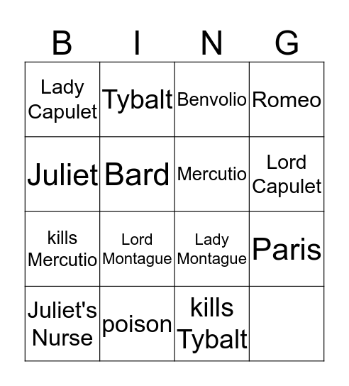 Romeo & Juliet Bingo Card