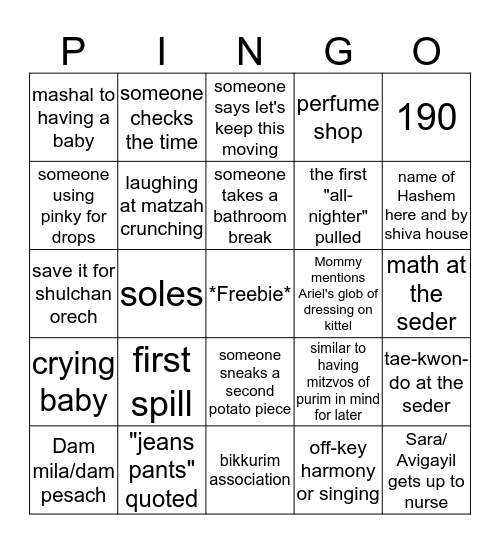 PINGO (Pesach Bingo) Bingo Card