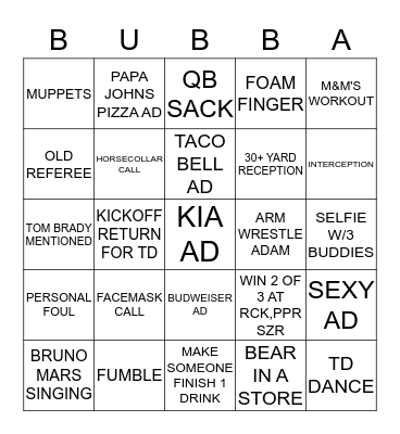 BUBBA'S SUPERBOWL BINGO BONANZA!!!!! Bingo Card