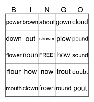 Vowel Pairs with ow, ou Bingo Card