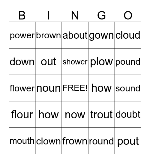 Vowel Pairs with ow, ou Bingo Card