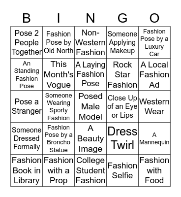 Fashion Photography Bingo Card
