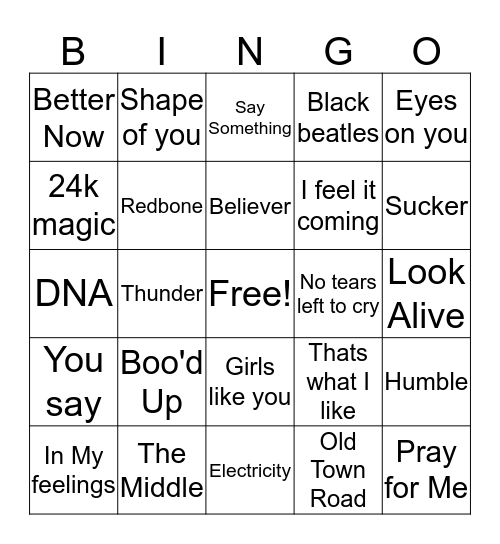 Today's Hits Bingo Card