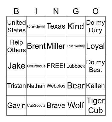 Tiger Cub Bingo Card