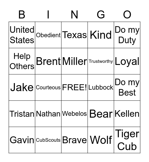 Tiger Cub Bingo Card